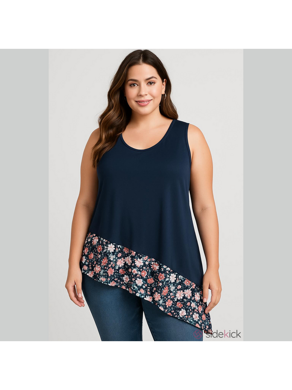 Floral Trim Navy Tank Top